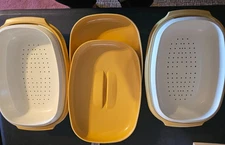 Lot 2 VTG Tupperware: Harvest Yellow/Gold Steamer/Serving Bowl w/ Lid & Basket