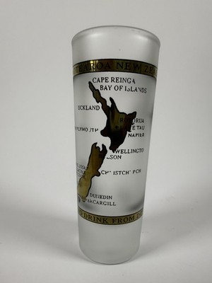 New Zealand Map Shot Glass Frosted Gold Trim Aotearoa Souvenir Compass Rose Tall