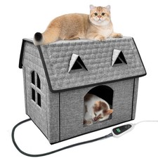 Indoor Heated Cat House, Adjustable Temperature Cat Heating Bed with Timer an...
