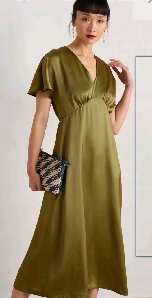Seasalt Evenglow Fern Green Satin Dress Bnwt UK 14 Midi Wedding Falak
