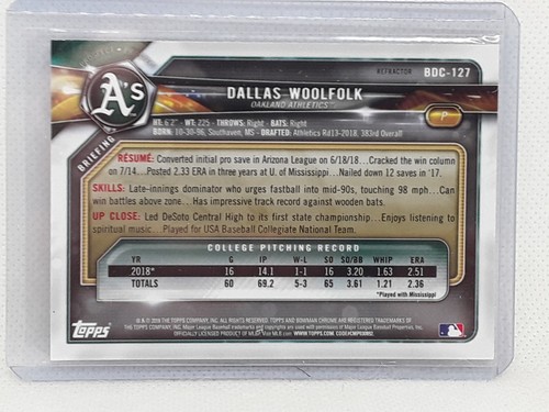 Dallas Woolfolk 2018 Bowman Draft REFRACTOR Chrome #BDC-127 Oakland Athletics - Picture 2 of 2