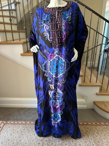 Emilio Pucci Vintage Ikat Pattern Silk Caftan Style Evening Dress w Jeweled Yoke - Picture 2 of 11