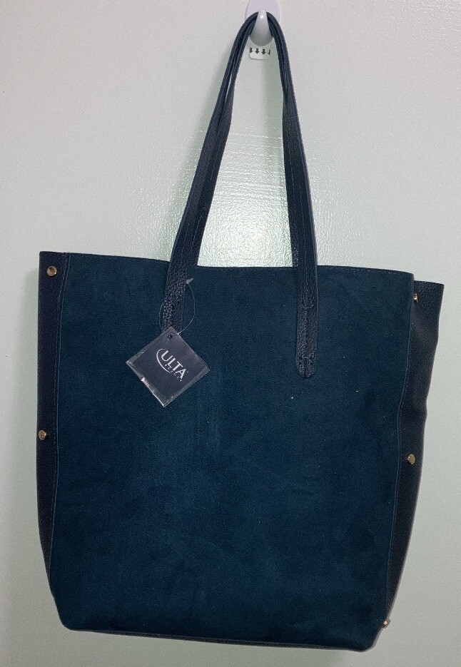 Ultra-chic vegan suede leather studded navy blue shoulder tote bag by Ulta Beauty