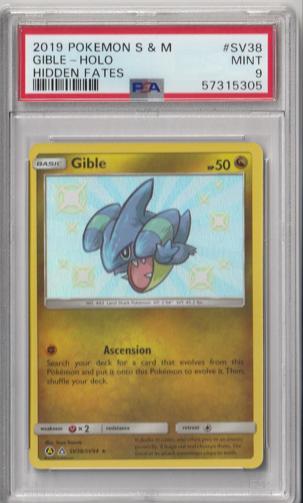 Pokemon 2019 Sun & Moon Hidden Fates Shiny Gible SV38 Holo PSA 9 MINT Card!