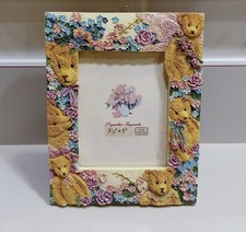 New Vtg POPULAR IMPORTS TEDDY BEAR 3D PICTURE FRAME 3.5x5" Photo Flower Resin