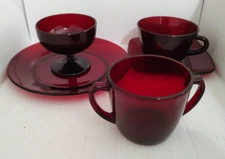 Vintage Glass Ruby Red Set Of 5  Snack Plate Cup Saucer Sugar Bowl Ice Cream Cup
