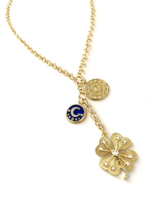 Rolo Link Chain Lariat Radial Clover Necklace Enamel CZ Moon Star Charm Compass
