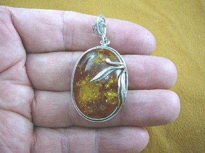P55-16) 12.4 grams BALTIC AMBER oval .925 Sterling SILVER Leaf design PENDANT
