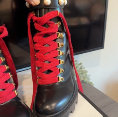 Gucci black pearl chunky boots with red laces size 37 minimum wear 