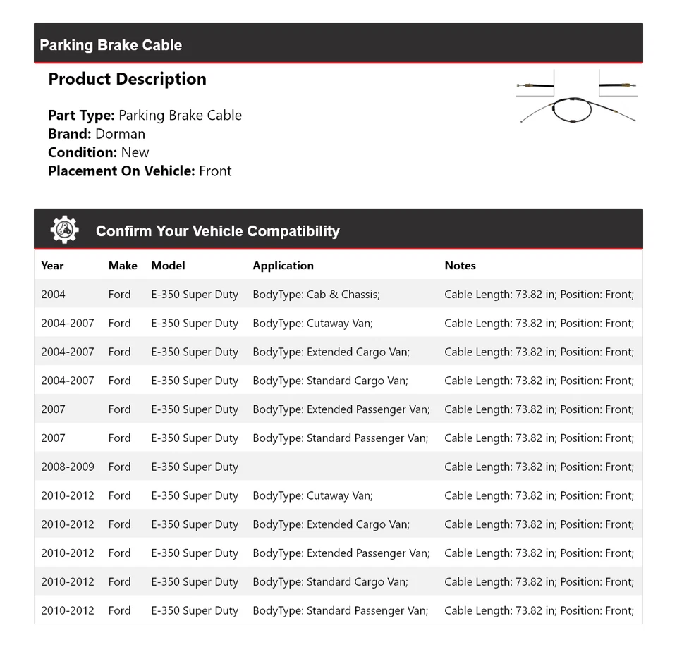 Cable de freno de estacionamiento delantero para Ford E-350 Super Duty Dorman 2004-2012 2005 2006 Foto 2 de 3