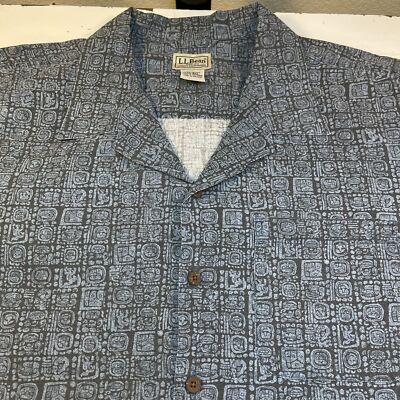 VINTAGE LL L.L. BEANS Aztec Print HAWAIIAN ALOHA CAMP SHIRT Sz Mens XL Blue