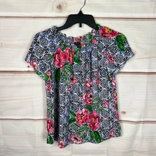 Talbots Top Women PP Multicolor Floral Blouse Short Sleeve Elastic Neck Pullover