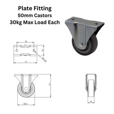 Image of Fixed Castor Wheels Heavy Duty Rubber Wheel 50mm Grey Premium Quality Set of 4