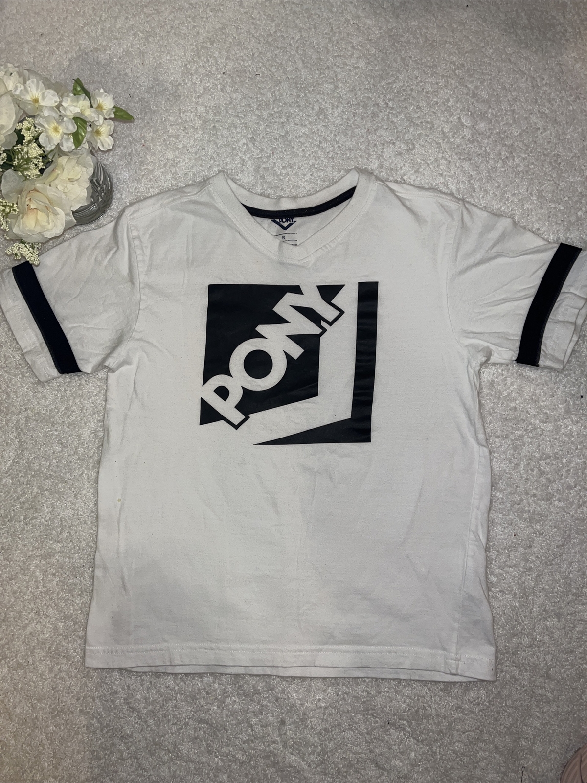 T shirt maglietta Pony ragazzo scollo a V bianca taglia 10