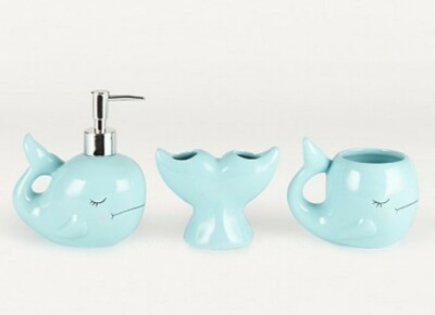 Neu 3tlg 3D Wal Fisch Blau Badezimmer Set Seifenspender Zahnbürstenhalter Becher