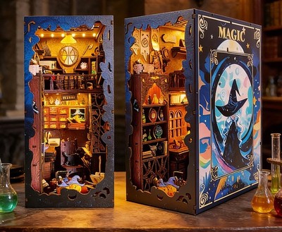 Book Nook Miniature House Dark Moon Magic Academy With LED Wooden Bookshelf Gift
