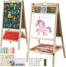 Kids Wooden Easel with Abacus, Double Sided Magnetic Drawing Board Dry Erase Whi
