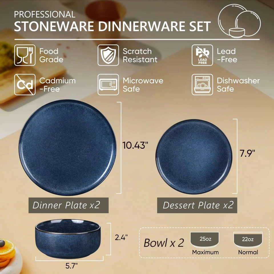 6 Pieces Stoneware Dinnerware Sets Service for 2, Dinner Plates and Bowls Set... - Image 2 of 4