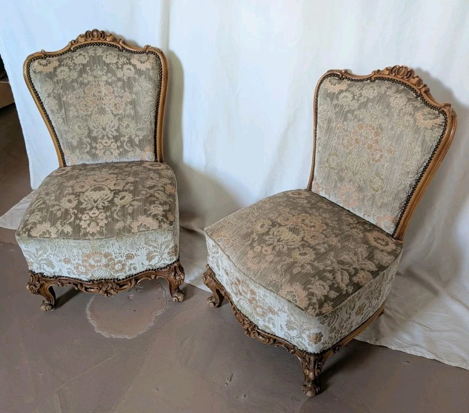 Sillas Zapatilla Terciopelo Jacquard Floral Color Tostado Claro Crema Estilo Francés Antiguo Foto 2 de 4