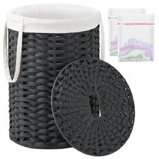 Stylish Black Round PE Rattan Laundry Hamper with Lid for Organized Spaces