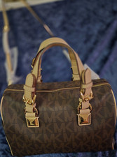 Michael Kors Brown Logo Satchel Detachable Strap Gold Hardware Women