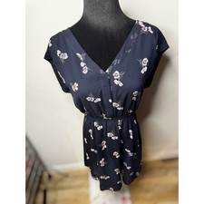 Madewell Navy Floral V Neck Elastic Waist Cap Sleeve Feminine Mini Dress Size 4