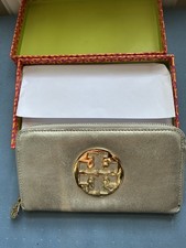 Tory Burch SILVER GENUINE LEATHER LOGO COIN BILL HOLDER WALLET CLUTH POUCH PURSE