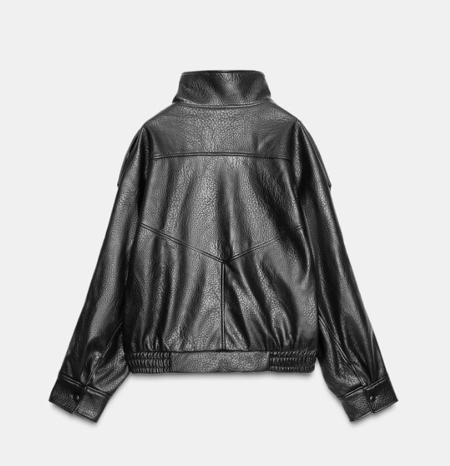 ZARA Womens Faux Leather Jacket Black High Neck Zip Front Side