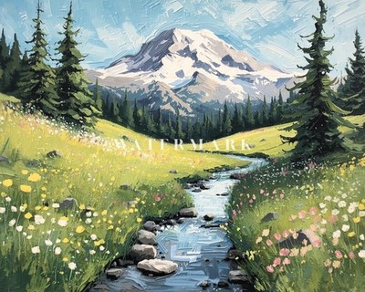 Mount Rainier Oil Painting Print Mountain Landscape Wall Art Nature Decor