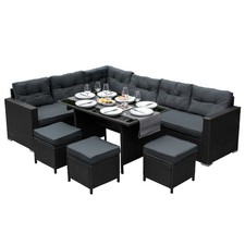 Black Rattan Corner Garden Furniture Set w/Table, Sofa, Stools & Waterproof