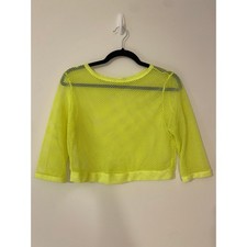 Neon Yellow Fishnet Mesh Crop Top 3/4 Sleeve Sheer Festival Rave 80s Style S/M