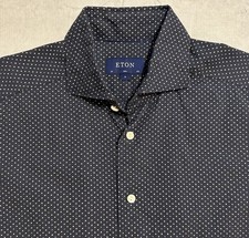 Eton Mens M 39 15.5 Slim Fit Blue White Polka Dots Long Sleeve Button Up Shirt