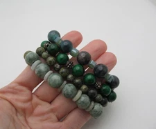 Chunky Moss Agate Stone Green Glass Round Ball Bead Stack Bracelet Set x 4