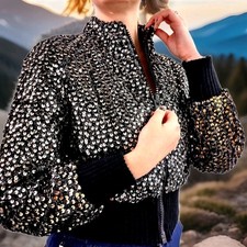 1970s Black Sequin Gold Bomber Jacket Busty Heavy Black Satin Lining S 38