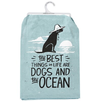 Cotton Kitchen Dish Towel - Best Things In Life Are Dogs & The Ocean 28x28 NEW