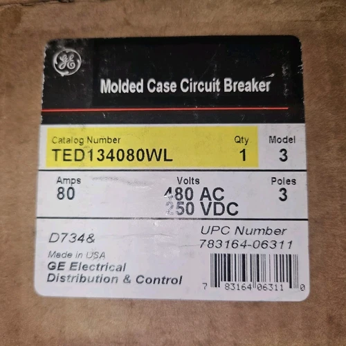 TED134080WL GENERAL ELECTRIC CIRCUIT BREAKER 3POLE  80AMP 240/480Y VAC NEW!!