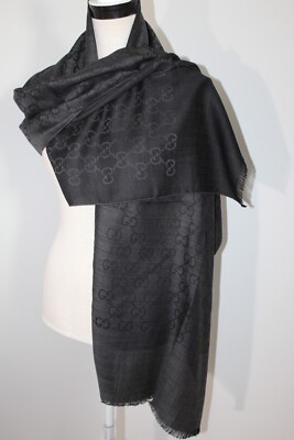 NWT GUCCI Black Jacquard GG Wool Silk Scarf Unisex Wrap