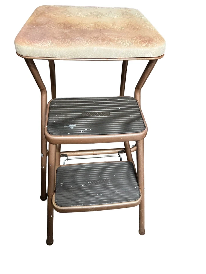 Taburete Cosco vintage Mid-Century escalones extraíbles marrón con asiento de vinilo impreso Foto 3 de 4