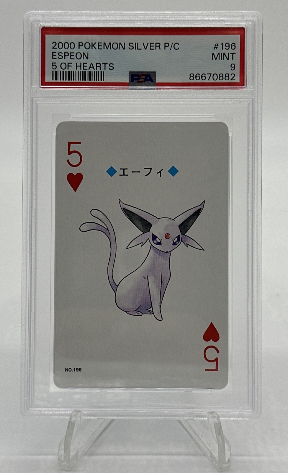 Pokemon Silver Poker Playing Card Espeon 5 of Hearts #196 PSA 9 Mint