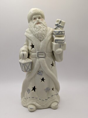 Santa Figurine Holding Lantern Presents Cutout Stars Snowflakes 10''