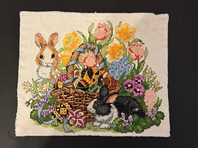 Finished Completed Cross Stitch ~ Easter Bunnies Bunny Basket Eggs Tulips