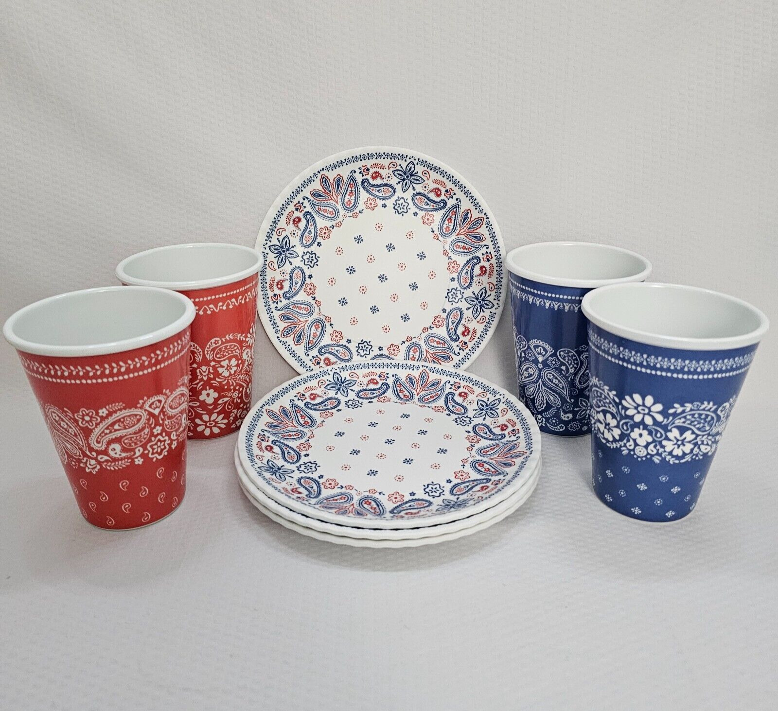 180° Tumblers & Dessert Plates Bandana Pattern Melamine Set of 8 Blue & Red