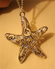 Lovely Sculpted Openwork Lacy Swirled Star Starfish Silvertone Pendant Necklace