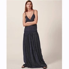 MATIN Studio Womens Ravello Maxi Dress 6 Straps Navy Blue Striped Cotton
