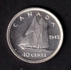 Canada 1943 10c Ten Cent Silver Coin King George VI MS-60 .800 Silver