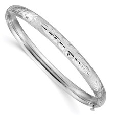 Real 14kt 4/16 White Gold Florentine Engraved Hinged Bangle; 7 inch
