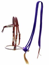 Showman Leather Futurity Knot Headstall w/ Purple Rawhide Braided Bosal  Reins 