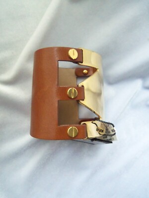 Vince Camuto Gold Tone & Brown Genuine Leather Wide Cuff  display picture 3