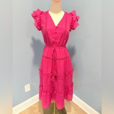 J.Crew Bright Pink Pom Trim Tiered Dress Boho Tassel Tie Waist Size 0