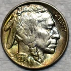 Brilliant Uncirculated 1936-P Buffalo Nickel, Beautiful, Lime-Green Toning.